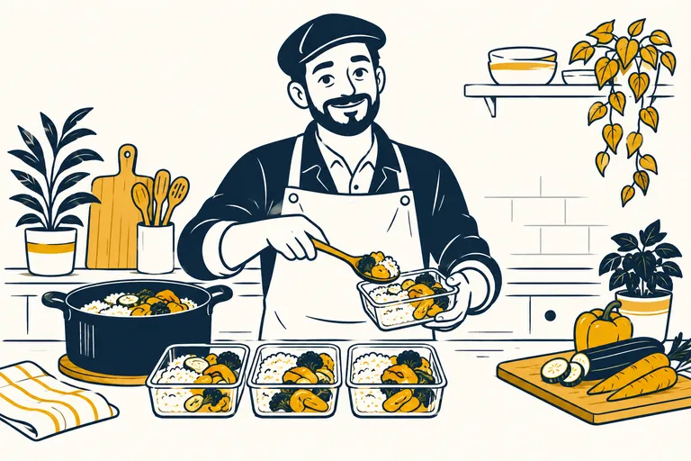 Mr Deal en tablier répartit du riz et des légumes dans quatre boîtes de batch cooking sur le plan de travail.