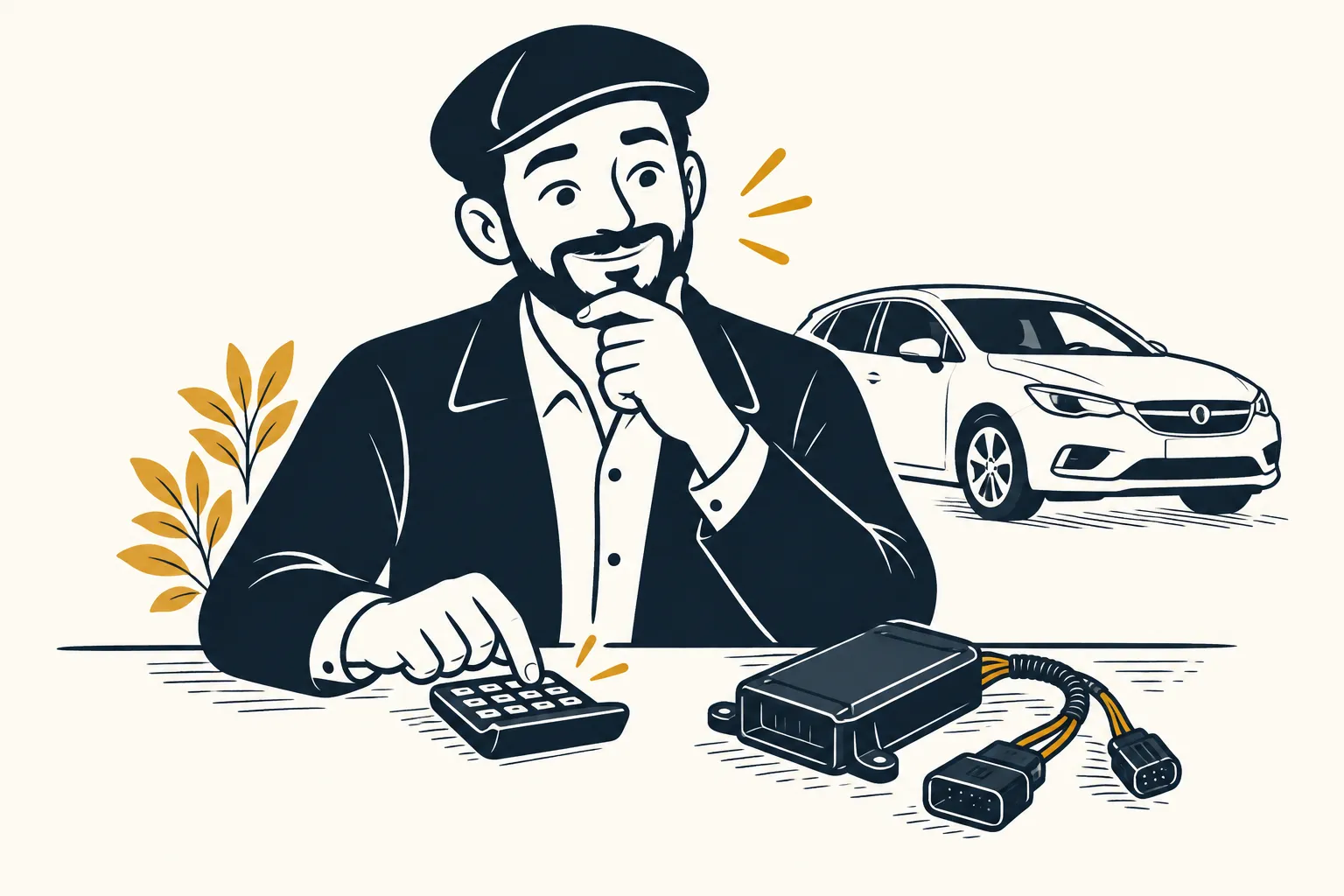 Mr Deal, calculatrice sous la main, examine un boîtier de conversion E85 posé sur la table, une voiture derrière lui.