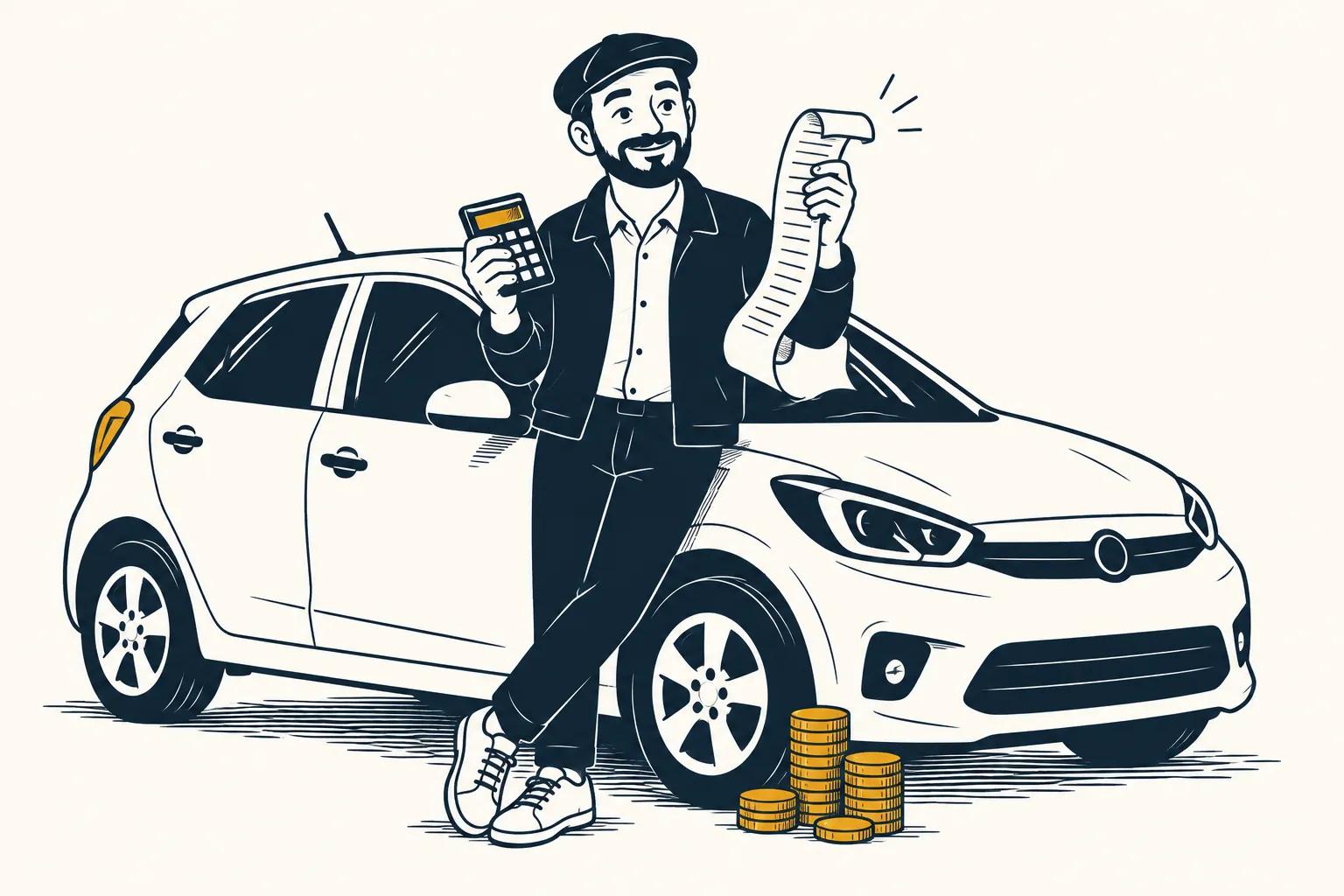 Mr Deal, adossé à sa voiture, lit un long ticket de dépenses, une pile de pièces près de la roue.