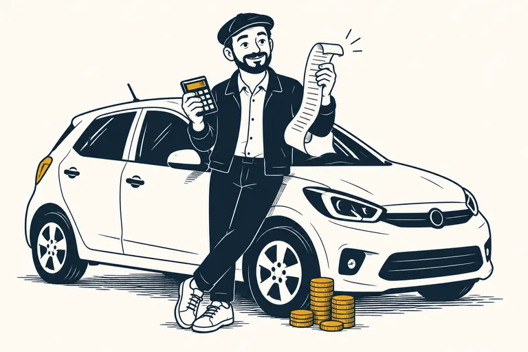Mr Deal, adossé à sa voiture, lit un long ticket de dépenses, une pile de pièces près de la roue.
