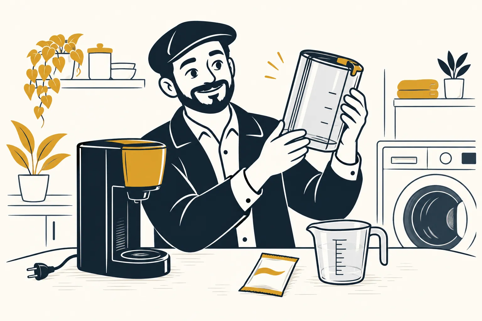 Mr Deal tient un flacon de détartrant entre une cafetière et un lave-linge.