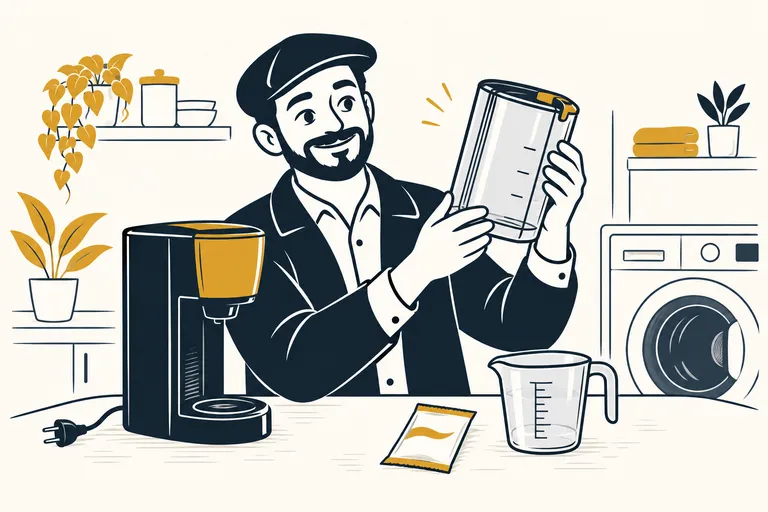 Mr Deal tient un flacon de détartrant entre une cafetière et un lave-linge.