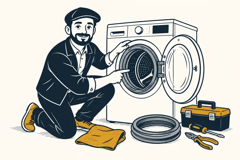 Mr Deal, à genoux, inspecte le joint de hublot d'un lave-linge, un joint neuf et une caisse à outils au sol.