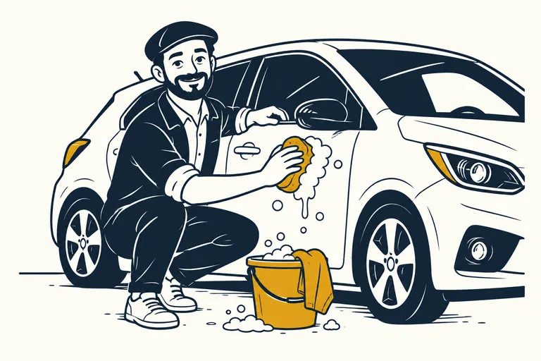 Mr Deal lave sa voiture à l'éponge, un seau d'eau savonneuse à ses pieds.