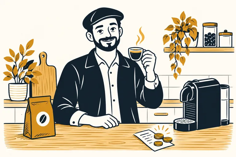 Mr Deal savoure une tasse de café dans sa cuisine, une machine à café et un paquet de grains sur le comptoir.