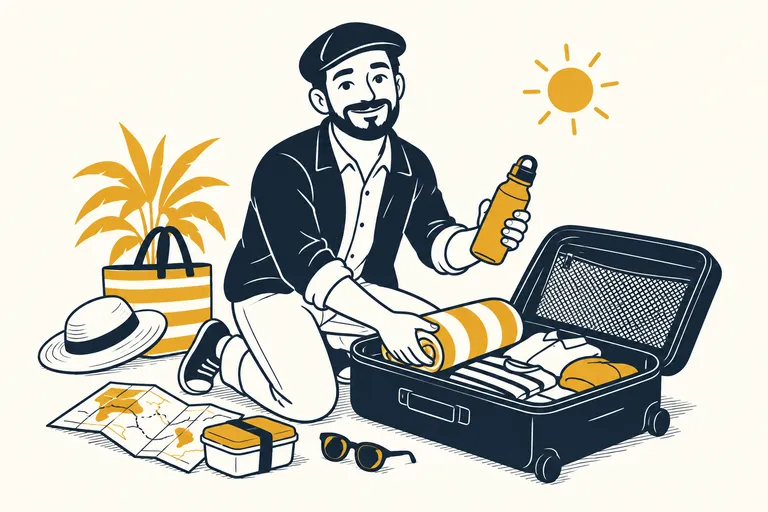 Mr Deal prépare une valise, une gourde à la main, entre un sac de plage, une carte et des lunettes de soleil.