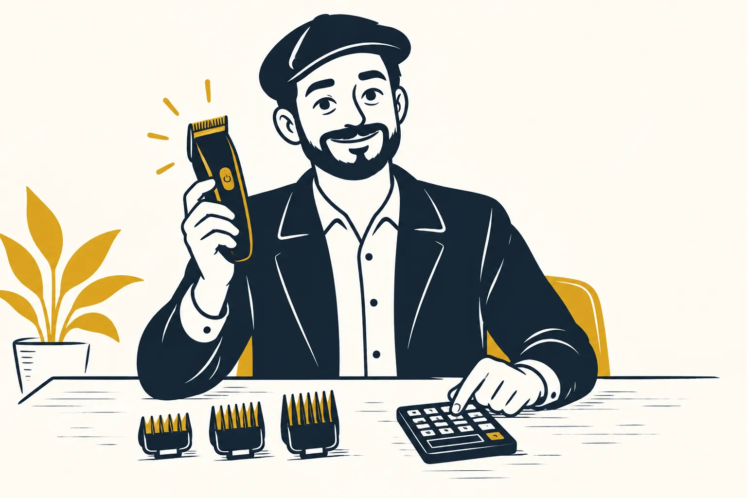 Mr Deal tient une tondeuse à cheveux, ses sabots alignés et une calculatrice sur la table.