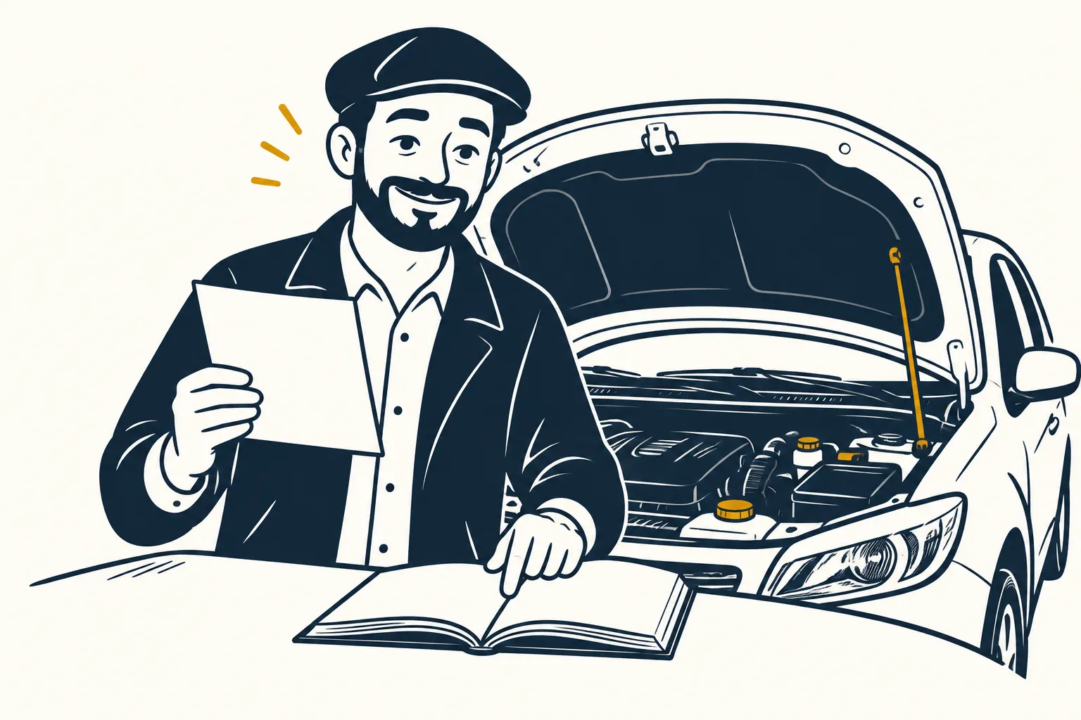 Mr Deal consulte les papiers et le carnet de sa voiture, capot ouvert.